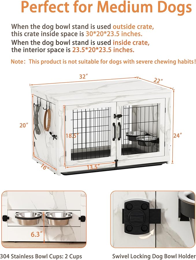 Piskyet Wooden Dog Crate Furniture with 360°Rotatable Removable Dog Bowls, Dog Crate End Table with Tray, Double Doors Dog Kennels for Dogs(M:31.8" L*22.1" W*24.1" H,Marble White)