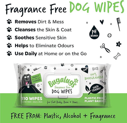 Dog Wipes, 100% Plastic Free Biodegradable pet Wipes for Full Body, Eye Wipes, Ear Wipes, Bum & Paws. 110 Sensitive Dog Grooming Wipes for Dogs, Puppy & cat Grooming (Fragrance Free)