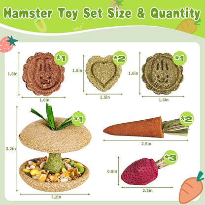 10 PCS Hamster Chew Toys, Guinea Pig Chew Toys for Teeth Natural Timothy Chinchilla Treats Apple Core, Grass Cake, Carrot and Strawberry for Gerbil, Rat, Rabbit and Small Animal Dental Care