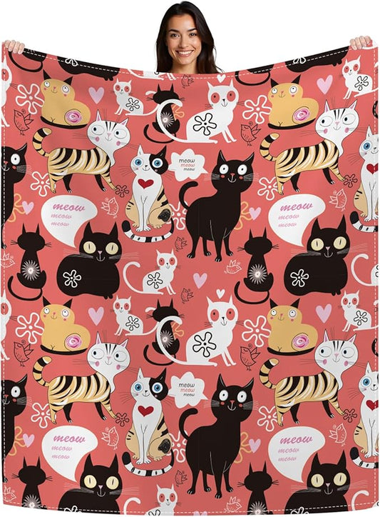 Ultra Soft Flannel Cat Throw Blanket - Cute Pattern, 50"x60" Gift for Cat Lovers (Women, Men, Kids, Adults)