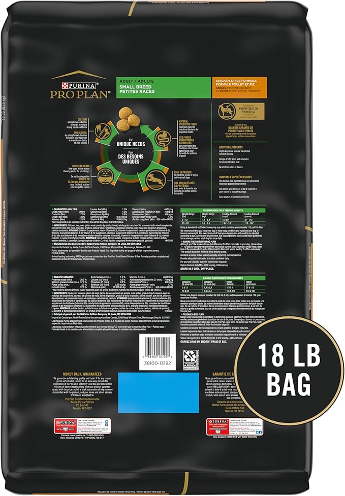 Purina Pro Plan Small Breed Dry Dog Food Chicken and Rice Formula With Guaranteed Live Probiotics - 18 lb. Bag