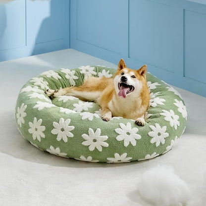 Lesure Donut Large Dog Bed - Round Cat Beds for Indoor Cats Anti-Anxiety Calming Pet Beds, Washable Cute Modern Beds with Teddy Sherpa Plush & Anti Slip Bottom Green