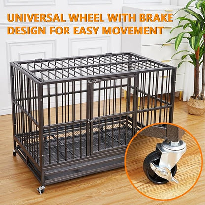 48  Heavy Duty Dog Crate, Cage Kennel with Wheels&Brakes, High Anxiety Indestructible, Sturdy Locks Design, Double Door and Removable Tray, for Large Pets