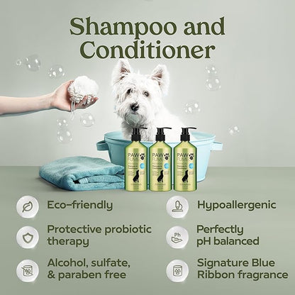 Pawfume Dog Gift Basket, 6-Piece Box  Give Your Pup a Spa-Quality Coat & Odor-Free Freshness  Probiotic Deodorizer Spray, Hypoallergenic Grooming Mist & Premium Brush  Dog Gift Boxes for All Breeds