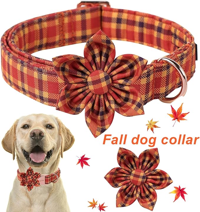 ARING PET Fall Dog Collar-Cotton Halloween Plaid Dog Collar with Flower, Adjustable Orange Halloween Dog Collars Pet Necklace with Metal Buckle for Girl&Boy Dogs