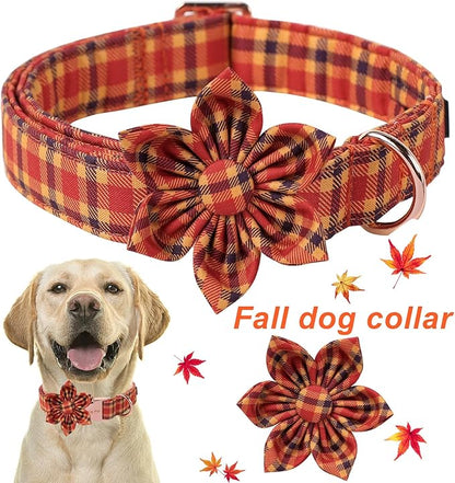 ARING PET Fall Dog Collar-Cotton Halloween Plaid Dog Collar with Flower, Adjustable Orange Halloween Dog Collars Pet Necklace with Metal Buckle for Girl&Boy Dogs
