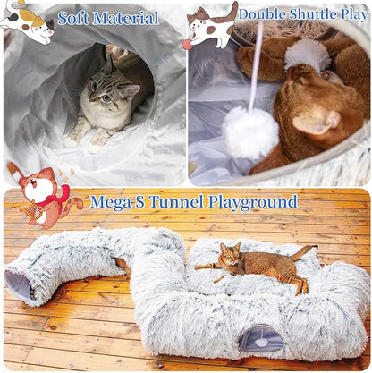 XxingSheep 4 Cave Shuttled XL Cat Tunnel Bed for Indoor Cats Peekaboo Toy Donut with Warm Mat