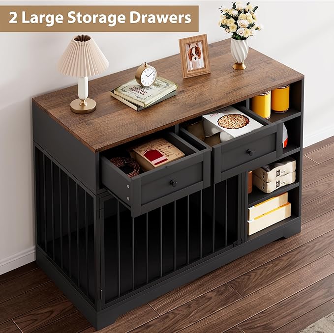 IDEALHOUSE 47” Large Dog Crate, Dog Kennel Indoor with 2 Drawers and 4 Shelves, Dog Crate Furniture TV Stand, Wooden Dog Cage for Medium Large Dogs, Black