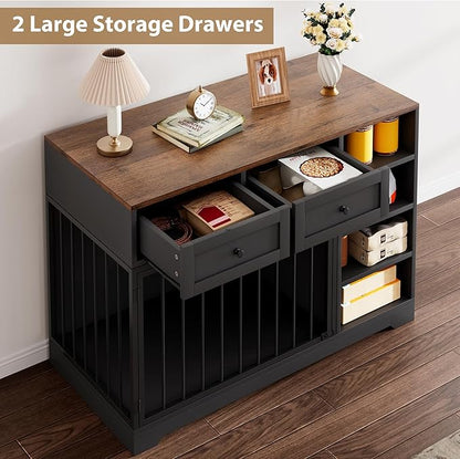IDEALHOUSE 47” Large Dog Crate, Dog Kennel Indoor with 2 Drawers and 4 Shelves, Dog Crate Furniture TV Stand, Wooden Dog Cage for Medium Large Dogs, Black