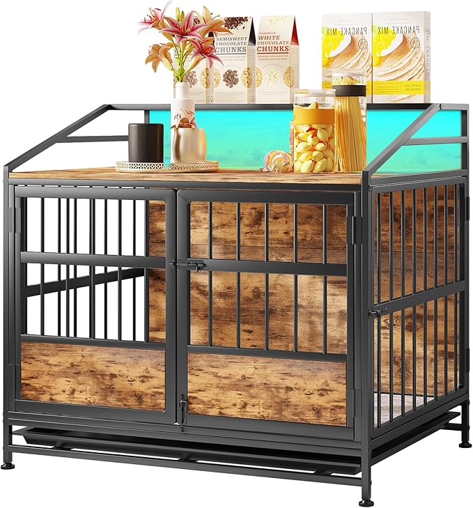 Dog Crate Furniture with Led Lights,Heavy Duty Wooden Dog Kennel with Double Doors,Dog House Indoor for Small Medium Dogs,End Table with Shelves,Black and Brown(34.65" L_24.02W_31.5" H)