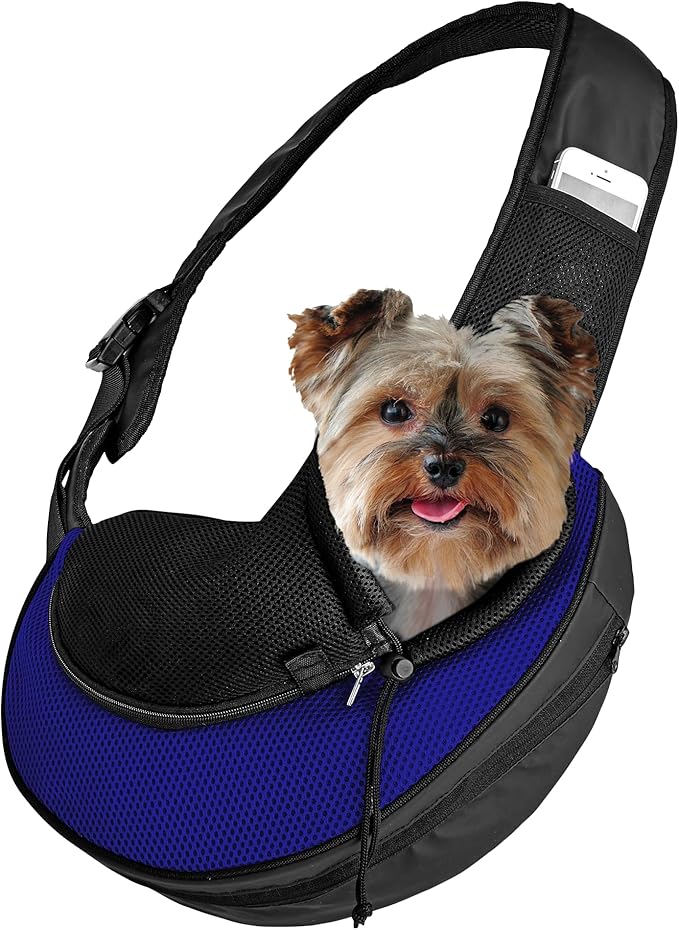 Expandable Pet Carrier Sling Bag - Small Dog, Puppy and Cat Carrier Front Shoulder Backpack w/Harness Strap - Carrying Pouch for ESA, Animal Travel - PU Leather Bottom, Mesh Pocket by Katziela (Blue)