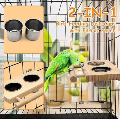 Tfwadmx Bird Feeding Dish Cups with Wooden Platform Hanging Stainless Steel Parrot Cage Feeder Bowl Wood Perch Stand for Parakeet Cockatiels Lovebirds Budgie (Small)