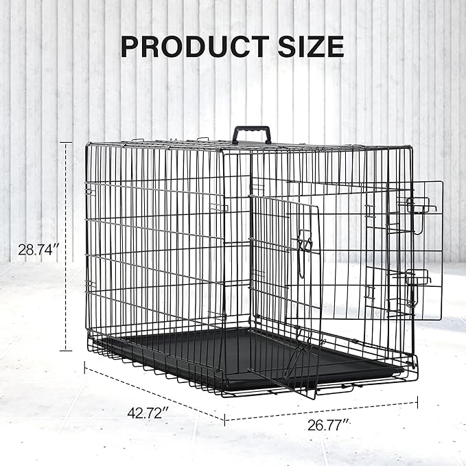 24/7 Shop at Home Gossamer Metal Double Door Folding Wire Pet Crate with Divider, Removable Tray, and Handle for Outdoor and Indoor Medium Dog, 42-inch, Black