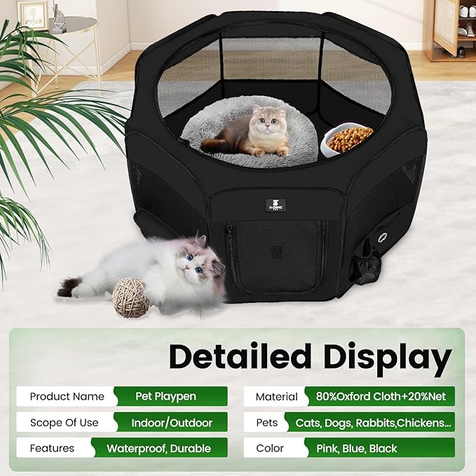 X-ZONE PET Dog Playpen Portable Pet Play Pens for Puppies, Cat, Rabbit, Chicks, Foldable Exercise Play Tent Kennel Crate, Indoor/Outdoor Travel Camping Black Medium