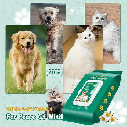 40PCS Pet Cleaning and Deodorizing Grooming Glove Wipes for Dogs and Cats, Extra Thick Nourish Fur No-Rinse Grooming Wipes for Daily Care and Travel, Hypoallergenic