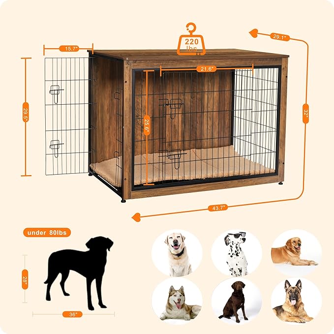 DWANTON Dog Crate Furniture with Cushion, XL Wooden Dog Crate with Double Doors, Large Dog Crate Furniture, Dog Kennel Indoor, Dog House, Extra Large, 43.3" L, Warm Brown