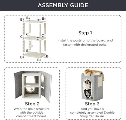 Bedsure 2 Story Cat House - Cat Condos for Indoor Cats with Scratch Pad and Fluffy Ball Hanging, Small Pet Cave Furniture Hideaway for Multi Pets, 18x14x23 inches, Grey