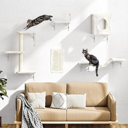 NUNU LAB Cat Wall Shelves Set, 5 Pcs Wall-Mounted Cat Climber with Condo House, Bridge Ladder, Scratching Post, Indoor Cat Furniture Set, Beige
