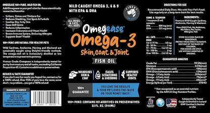 Omegease Fish Oil for Dogs & Cats - Finest for Pets Omega 3 for Cats & Dogs - Supplement for Skin & Coat, Itching, Shedding, Joints & Immune Health - 100% Pure Omega Fish Oil with EPA & DHA (32 oz)