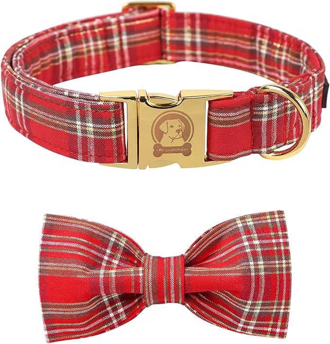 MR. CHUBBYFACE Red Plaid Dog Collar with Bowtie, Cotton Boy Girl Dog Collars with Metal Buckle Cute Christmas Collars for Puppy Small Medium Large Dogs