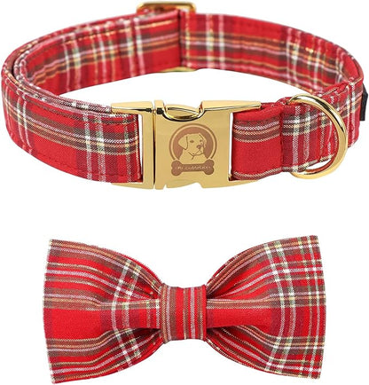 MR. CHUBBYFACE Red Plaid Dog Collar with Bowtie, Cotton Boy Girl Dog Collars with Metal Buckle Cute Christmas Collars for Puppy Small Medium Large Dogs