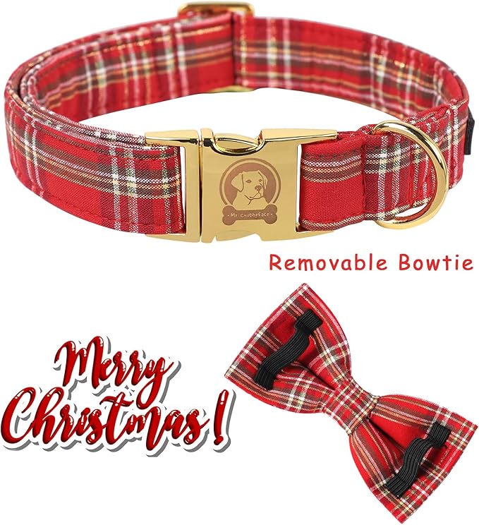 MR. CHUBBYFACE Red Plaid Dog Collar with Bowtie, Cotton Boy Girl Dog Collars with Metal Buckle Cute Christmas Collars for Puppy Small Medium Large Dogs