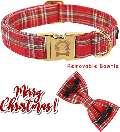 MR. CHUBBYFACE Red Plaid Dog Collar with Bowtie, Cotton Boy Girl Dog Collars with Metal Buckle Cute Christmas Collars for Puppy Small Medium Large Dogs