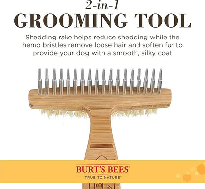 BURT'S BEES FOR PETS Brown Oblong Double Sided Dog Brush - All Hair Types, Unisex, 0.2 lbs, Hemp Bristle for Detangling, Shedding Rake for Mats Removal