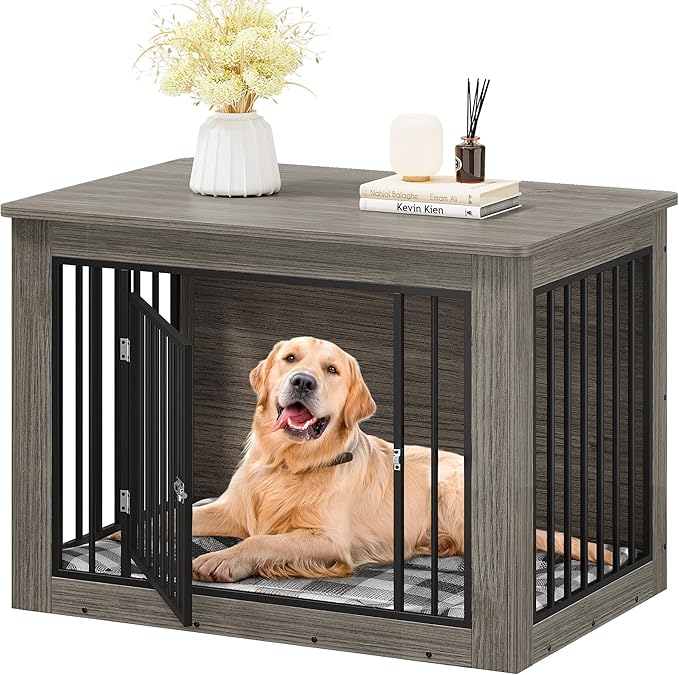 YITAHOME Dog Crate Furniture for Large Dogs, Side End Table, Modern Dogs Kennel Indoor up to 80 lb, 2-in-1 Iron-Wood Fusion Dog Cage with Waterproof Top, Safety Corners, Steel Lock,43" L,Greige