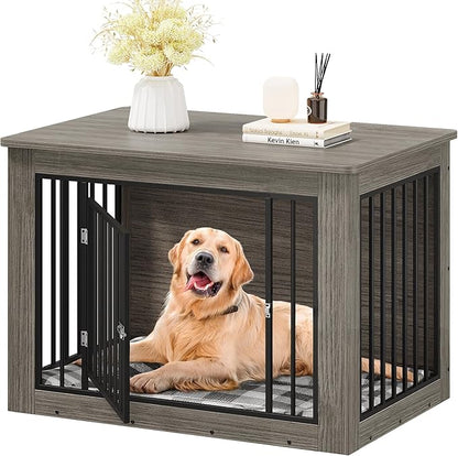 YITAHOME 43.7" L Dog Crate Furniture for Large Dogs, 2-in-1 Iron-Wood Fusion Dog Cage Indoor up to 80 lb, Modern Dogs Kennel Side End Table with Waterproof Top, Safety Corners, Steel Lock, Greige