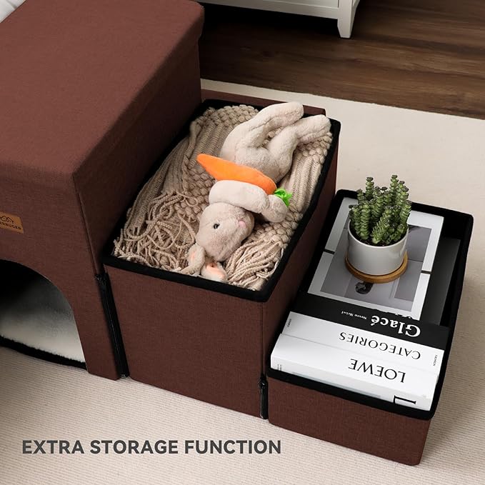 Dog Stairs with Storage 17.5" H, Dog Steps for High Beds, Folding Pet Stairs for Small Medium or Large Dogs Puppy for Bed and Couch, Dog Ramp for Car Hold Up to 200 lbs (Brown, 3 Steps with Condo)