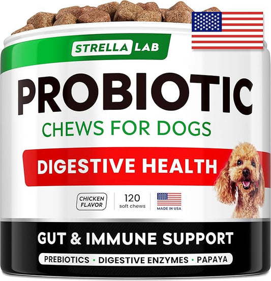 STRELLALAB Dog Probiotics Chews for Digestive Health & Gut Support with Yeast and Enzymes - Anti Gas, Diarrhea and Upset Stomach Immune Supplement - Digestion Treats with Fiber (120Ct, Chicken)