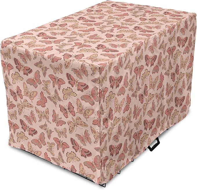 Ambesonne Butterfly Dog Crate Cover, Summer Time Ornamental Flying Creatures in Rose Tones, Easy to Use Pet Kennel Cover for Medium Large Dogs, 36 Inch, Blush Coral