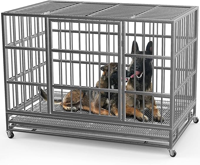 38 Inch Heavy Duty Indestructible Dog Kennel with Wheels, High Anxiety Kennel, Sturdy Locks Design, Double Door and Removable Tray, Extra Large XL XXL Dog Crate