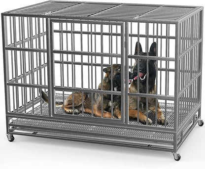 38 Inch Heavy Duty Indestructible Dog Kennel with Wheels, High Anxiety Kennel, Sturdy Locks Design, Double Door and Removable Tray, Extra Large XL XXL Dog Crate