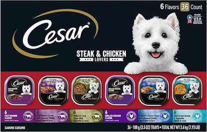 Cesar Wet Dog Food Classic Loaf in Sauce, Steak and Chicken Lovers Variety Pack with Real Meat or Real Chicken, 3.5 oz. Easy Peel Trays (36 Count, Pack of 1)