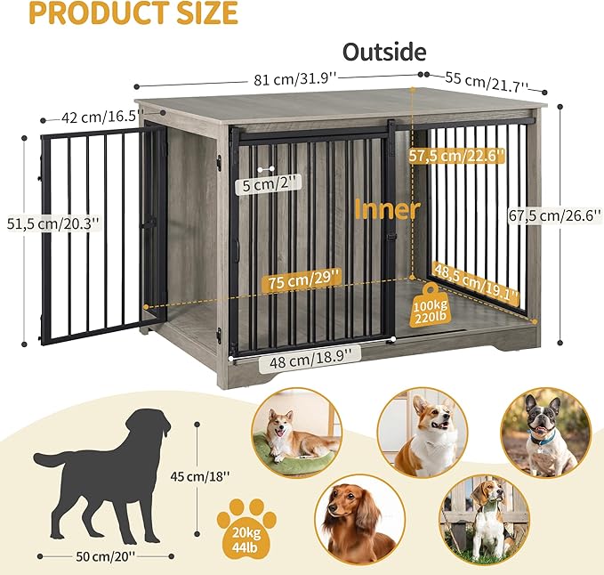 Dog Crate Furniture, 32" Double Door Dog Crate with Barn Door, Dog Kennel Indoor, End Side Table Wooden Dog Crates for Small Medium Large Dogs, Anti-Chew Anti-Escape, Greige DFC83605B