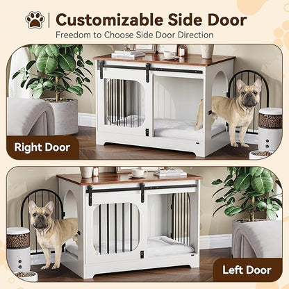 Dog Crate Furniture, 39.4" Dog Kennel for Dogs Up to 70 Lb, with Bed Mat, Heavy-Duty Dog Cage End Table, Three Doors Dog House, White/Brown