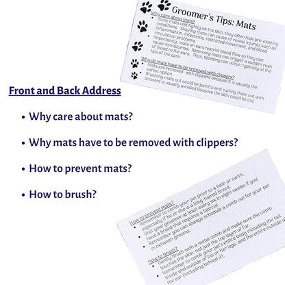 Dog Groomer Matted Fur and Dog Brushing Care Cards (100 pack, 3.5" X 2") Addresses hematomas, mats, combing, and shaving matts White