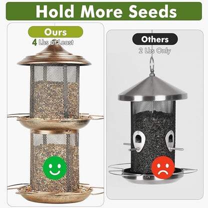 Bird Feeder for Outdoors, Double Layered Circular Tower Birdfeeder, Metal Bird Feeders with Cover Fixing Buckle for Outside Hanging, 4Lbs Capacity