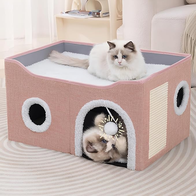 Cat Houses for Indoor Cats - Large Cat Bed Cave with Scratch Pad and Fluffy Ball, Foldable Cat Condo Hideaway with Reversible Cushion for Multi Small Pet, Pink