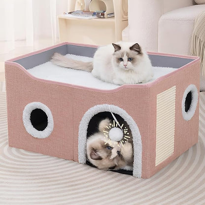Cat Houses for Indoor Cats - Large Cat Bed Cave with Scratch Pad and Fluffy Ball, Foldable Cat Condo Hideaway with Reversible Cushion for Multi Small Pet, Pink