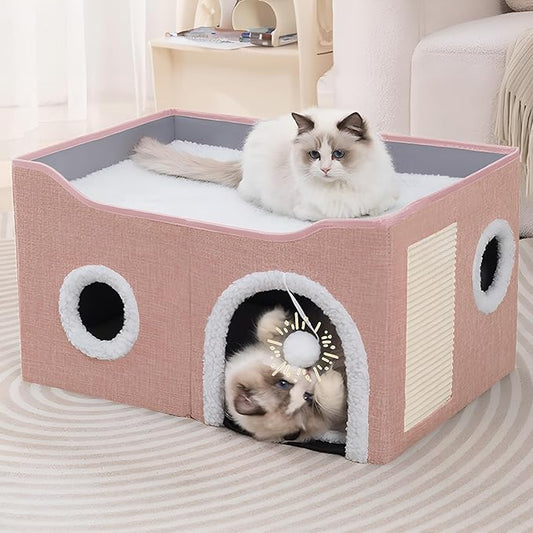 Cat Houses for Indoor Cats - Large Cat Bed Cave with Scratch Pad and Fluffy Ball, Foldable Cat Condo Hideaway with Reversible Cushion for Multi Small Pet, Pink