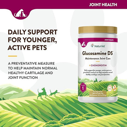 NaturVet  Glucosamine DS - Level 1 Maintenance Care | Preventative Care to Maintain Healthy Cartilage & Joint Function | Enhanced with Glucosamine & Chondroitin | for Dogs & Cats (240 Tablets)