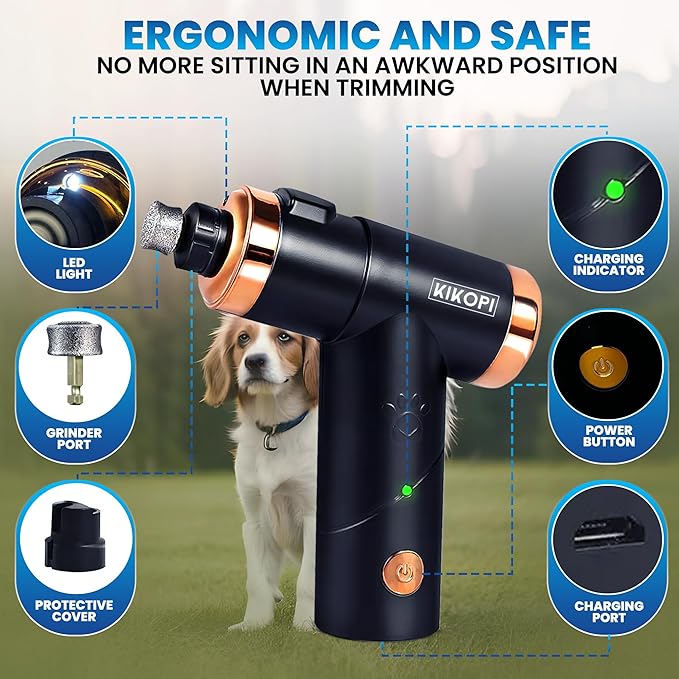 Dog Nail Grinder with LED Light, Extremely Quiet Electric Pet Nail Trimmer, 2-Speed, Rechargeable Lithium Ion Battery, Small Medium Large Dogs & Cats Nail & Claw Grooming Nail Filer
