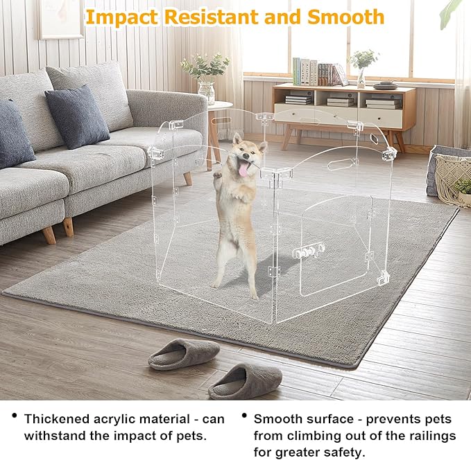 Acrylic Dog Gate for The House 6 Panel 120" W x 24" H Foldable Dog Playpen Indoor with Handles, Free-Standing Pet Gates Clear Dog Pen for Dogs Puppy Cat Rabbit Accessories with Door