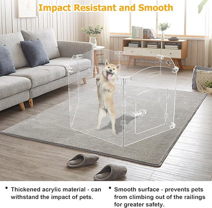 Acrylic Dog Gate for The House 6 Panel 120" W x 24" H Foldable Dog Playpen Indoor with Handles, Free-Standing Pet Gates Clear Dog Pen for Dogs Puppy Cat Rabbit Accessories with Door