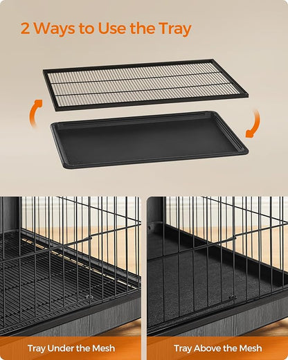 Feandrea Dog Crate Furniture, 44.1" Side End Table, Modern Kennel for Dogs Indoor up to 80 lb, Heavy-Duty Dog Cage with Multi-Purpose Removable Tray, Double-Door Dog House, Ink Black UPFC004B01