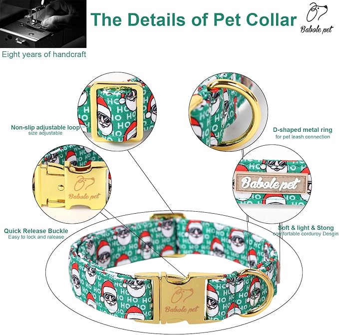 Christmas Dog Collars for Small Dog,Green Santa Claus Dog Collar with Safety Metal Buckle Adjustable Puppy Collars for Medium Large Dog,Boy&Girl&Female Dog Gift,XS-8"-13"