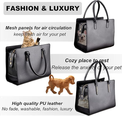 Fashion Dog Purse Carrier for Small Dogs with Shoulder Strap, Hold Up to 5lbs Quality PU Leather Pet Carrier, Cat Carrier, Airline Approved Puppy Purse Carrier for Travel (Black, Small Size)